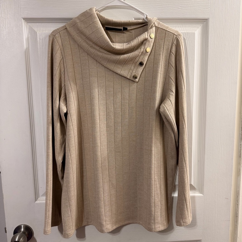 Rafaella Beige Split Collar Sweater with Button Accents